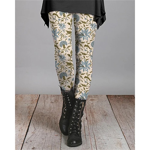 Damen Hosen Hose Leggings Gemütliche Leggings Streetwear Lässig Volle Länge Hohe Taille Blumen Elastischer Bund Druck Atmungsaktivität Bequem Dehnbar Urlaub Straße Alltagskleidung Weiß Sommer Image