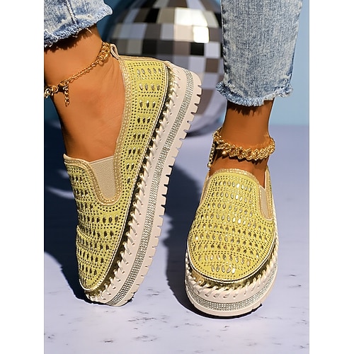 Gelbe Slip-On-Sneaker für Damen mit Strass-Details – stylische Freizeitschuhe mit Plateausohle, perfekt für Partys und besondere Anlässe im Nachtleben Image
