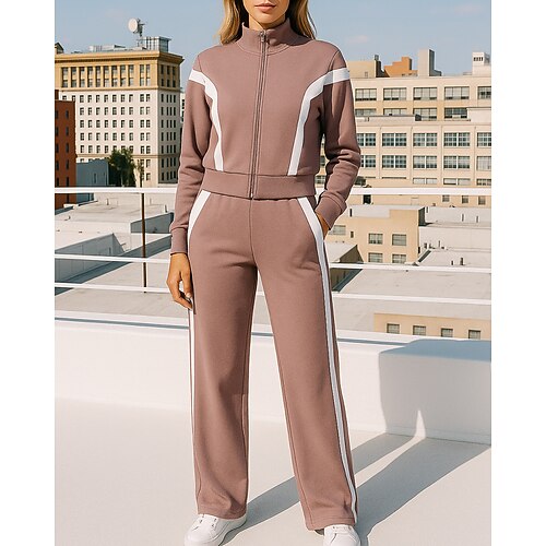 Damen Jogginghose Trainingsanzug mit Reißverschluss Sportbekleidung mit Tasche Streifen Kombination Herbst Schwarz Weiß Outdoor Reise Sport Hohe Taille Mode Langarm Sport Sportkleidung Mikroelastisch Image