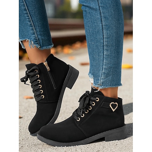 Schwarze Damen Stiefeletten – Schnürstiefelette mit Herzschnalle für Casual-Outfits und Streetwear Image