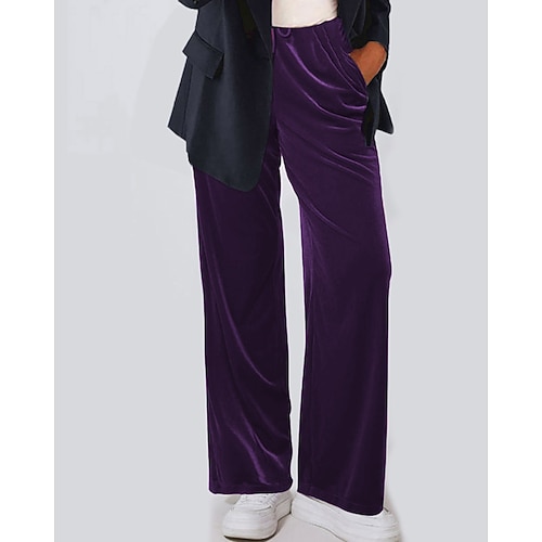 Damen Weites Bein Cordhose Stoffhosen Streetwear Lässig Volle Länge Natürliche Taille Einfach Tasche Elastischer Bund Bequem Straße Ferien Alltagskleidung Kastanienbraun Dunkelrot Dunkelblau Schwarz Image