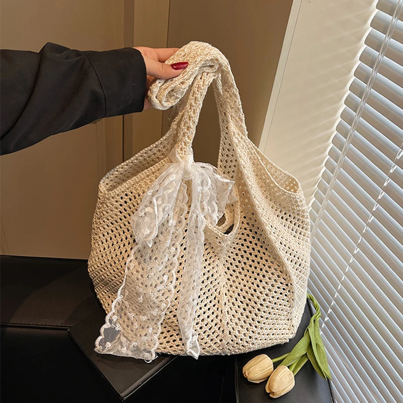 Einfarbig Frauen Stricken Spitze Bogen Schulter Tasche Aushöhlen Große Kapazität Häkeln Einkaufstasche Geräumige Bequeme Kleinigkeiten Lagerung Image