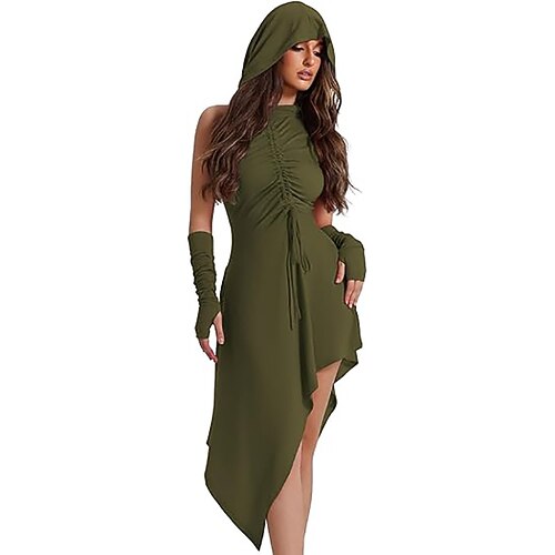 Gotisch Kleid Mit Kapuze Hexe Asymmetrischer Saum Kostüm Damen Fantasie Halloween Karneval Leistung Party Erwachsene Kleid Handschuhe Image