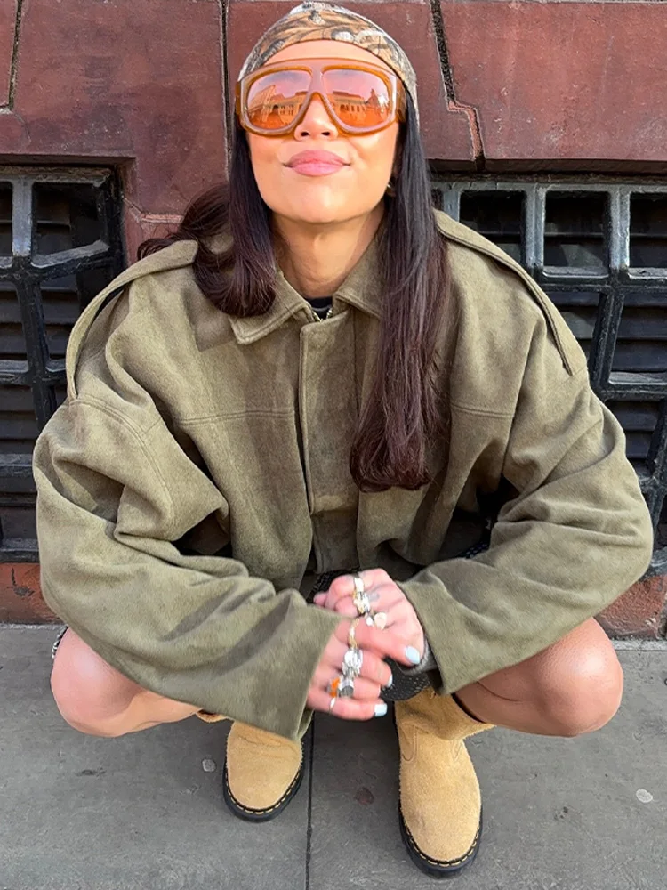 2025 herbst frauen Grün Wildleder Jacke Lose Revers Zipper Langarm Taschen Bomber Mantel Neue Mode Dame Dicke Streetwear