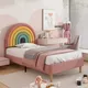 Letto imbottito Comanlai 90x200 cm, letto singolo, letto per bambini, letto per ragazzi, con testiera arcobaleno, rete a doghe in legno, rosa