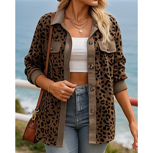 Damen Herbst-Outfits Hemden Jacken Mäntel Knöpfe Langarm Oberteil Athleisure Herbst Leopard Mode Outdoor Reise Sportbekleidung Sportkleidung Rosa Beige Kaffee Image