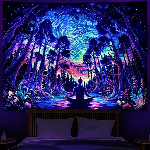 Schwarzlicht-Wandteppich mit psychedelischem Wald und Meditation, UV-reaktiv, kosmische Galaxie, Sternenhimmel, Wandkunst, Wandteppich, trippiges Yoga, spirituelles Chakra, Wandbehang, Wandteppiche Image
