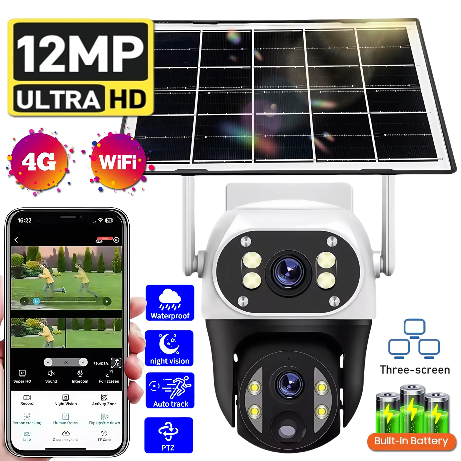 V380 pro 4G Solarkamera 12 MP WiFi-Überwachungskamera für den Außenbereich, 3 Bildschirme, automatische Tracking 360 ° Live View Farbe Nachtsicht PIR Motion Image