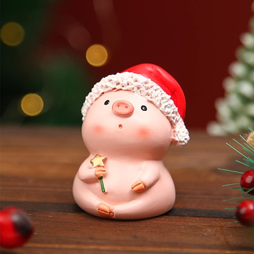 Weihnachtsdekoration, süßes rosa Cartoon-Schwein mit Stern und Weihnachtsbaum, Mini-Figur aus Kunstharz, Weihnachtsfensterdekoration und Weihnachtsgeschenk-Ornament Image