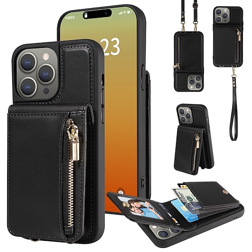 Handy Hülle Handyhüllen Für iPhone 17 Pro Max 17 Air 16 15 14 Pro Max Plus 13 12 11 Pro Max Brieftaschenhülle Reisverschluss mit Trageriemen Mit Handgelenkschlaufe Retro TPU PU-Leder Image