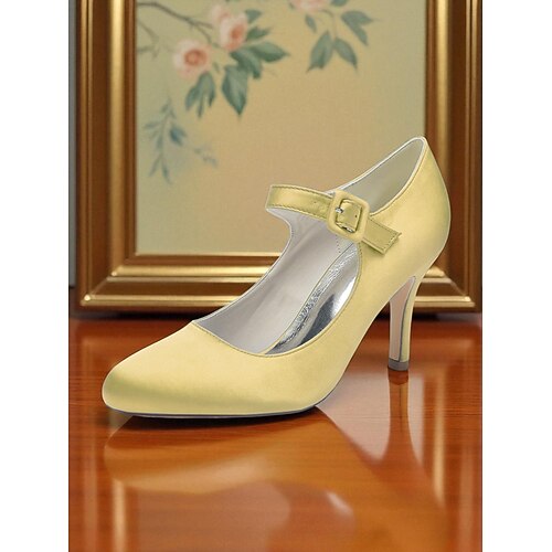 Champagnerfarbene Mary-Jane-Pumps aus Satin für Damen mit Kristallschnalle, elegante Pumps mit spitzer Spitze für Cocktailpartys Image