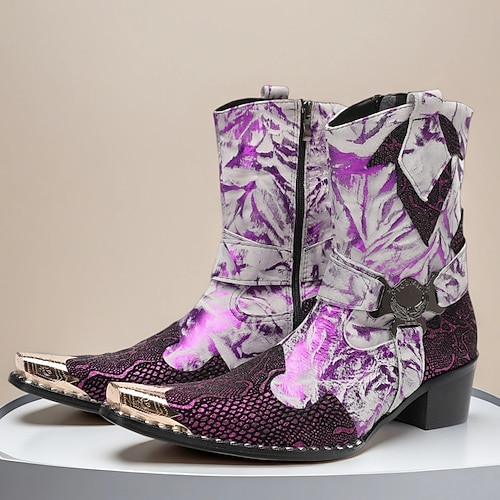 Herren Stiefel Bikerstiefel Retro Schlangenhautschuhe Spaziergang Leder Italienisches Vollnarbenleder Bequem Rutschfest Warm Mittelstiefel Reißverschluss Schnalle Fuchsie Herbst Winter Image