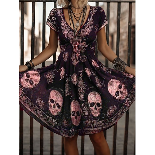 Frauen Totenkopf Druck Mini Kleid Lässiges Kleid T-Shirt Kleid Tee Kleid Sommerkleid A-Linie Kleid Urlaub Lässig Boho Strand Grafik Totenkopf Kurze Ärmel V-Ausschnitt Weiß Pink Blau Lila Frühling Image