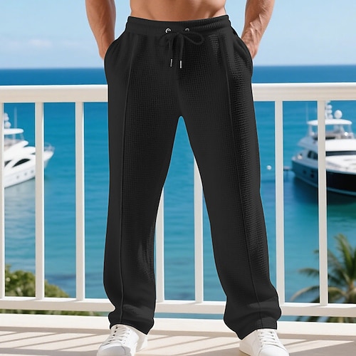 Herren Jogginghose Hose Gerade geschnittene Sweatpants Waffelhose Kordelzug Tasche Elastischer Bund Einfach Komfort Sport im Freien Täglich Mode Lässig Schwarz Weiß Mikroelastisch Image