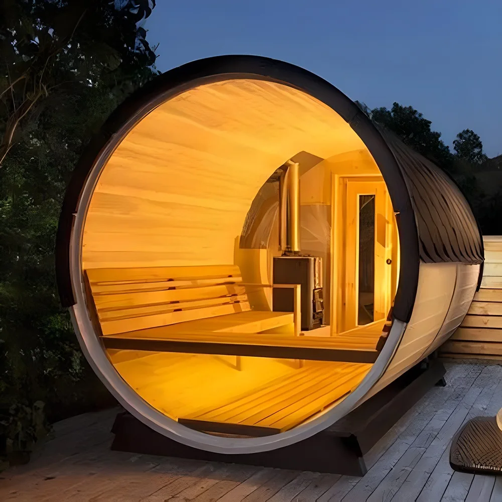 Traditionelle 6-Personen-Fasssauna für den Außenbereich, Panorama-Finish-Rot-Zeder-Sauna Image