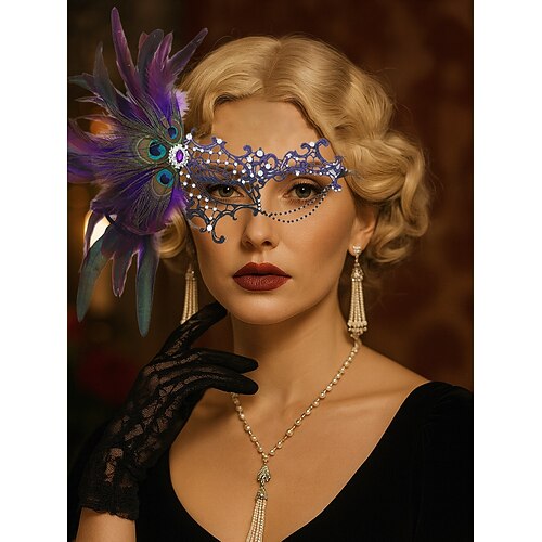 Grüne Maskenmaske aus Federspitze für Damen mit Pfauendetails und Strass-Akzenten, Vintage-Kostümaccessoire im Gothic-Stil für Halloween-Partys Image