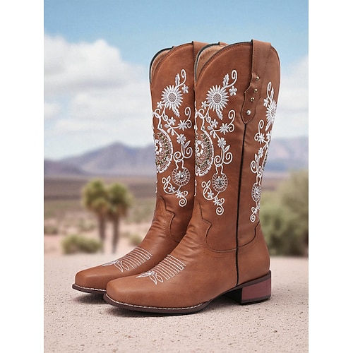 braune Western-Cowboystiefel für Damen mit weißer Blumenstickerei, quadratischer Spitze und bequemem niedrigen Absatz für lässige Country-Kleidung Image