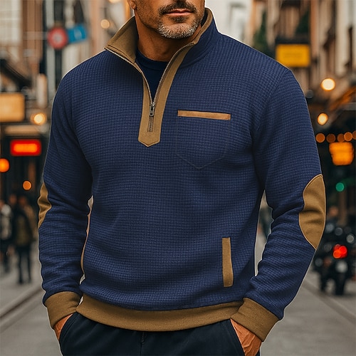 Herren Sweatshirt Waffel-Sweatshirt Pullover Kapuzensweatshirt Viertelreißverschluss Sweatshirt Schwarz Marineblau Stehkragen Einfach Patchwork Farbblock Sport Outdoor Lässig Täglich Aktiv Vintage Image