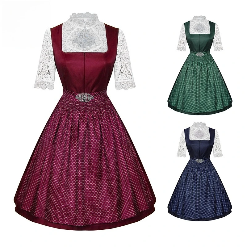2025, Cosplay-Kleid für Damen, Midi-Rot-Kostüm, Oktoberfest, Biermädchen, Damen-Dirndlkleid mit Spitzenschürze, modisch, Halloween Image
