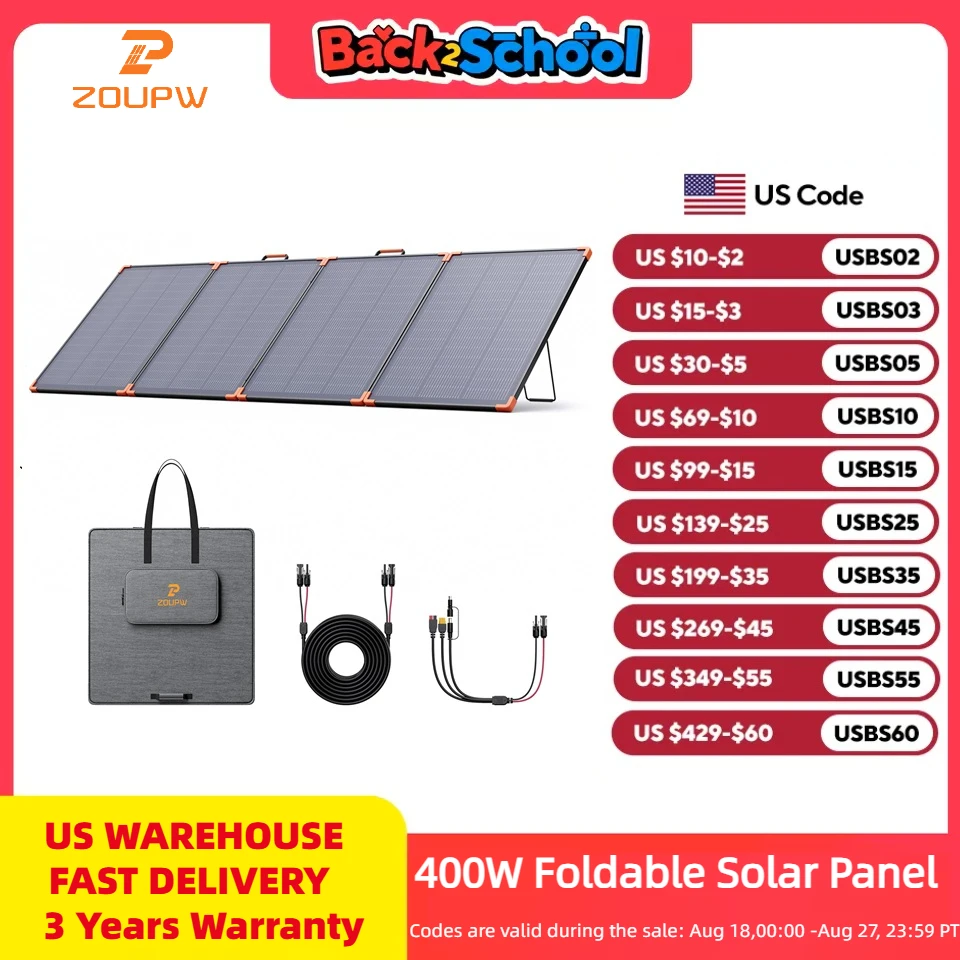 ZOUPW 400W Portable Solar Panel N-Type 16BB High-efficiency N-Type 16BB Cells with a 25% Conversion Rate Durable ETFE Layer
