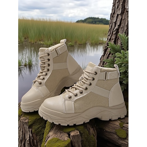 Beige Schnürstiefeletten für Damen – Stiefeletten aus Kunstleder und Canvas mit dicker Sohle zum Wandern, für Outdoor-Abenteuer, Reisen und als lässige Streetwear Image