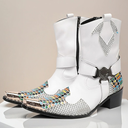 Herren Stiefel Bikerstiefel Retro Spaziergang Leder Wildleder Italienisches Vollnarbenleder Bequem Rutschfest Warm Mittelstiefel Loafer Schnalle Weiß Herbst Winter Image