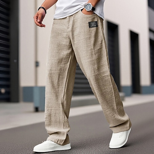 Herren Leinenhosen Hose Sommerhose Strandhose Kordelzug Bestickt Tasche Einfach Komfort Atmungsaktiv Urlaub Täglich Ferien Hawaiianisch Boho Schwarz Weiß Image