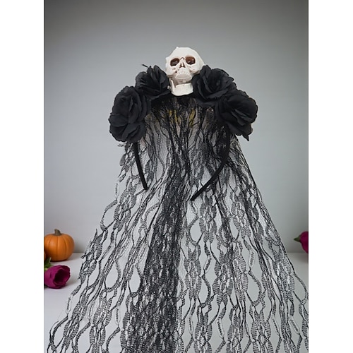 Totenkopf-Stirnband für Damen mit roten und schwarzen Rosen und Spitzenschleier, Gothic-Halloween-Kostüm-Haar-Accessoire für Partys