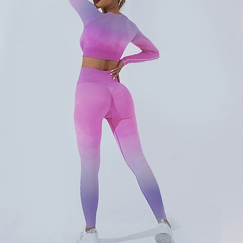 Damen Yoga-Anzug 2-teiliges Trainingsset Farbverläufe Kombination Herbst Schwarz Rosa Fitnessstudio Training sportlich Hohe Taille Bauchkontrolle Elastisch Atmungsaktiv Langarm Sport Sportkleidung Image