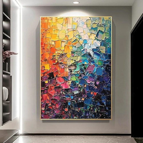 handgemachtes, farbenfrohes, strukturiertes Ölgemälde mit dicken, pastosen Pinselstrichen, farbenfrohe abstrakte Kunst, lebendiger Farbverlauf, orange, rot, blau, lila, Mosaikblöcke, zeitgenössische Image