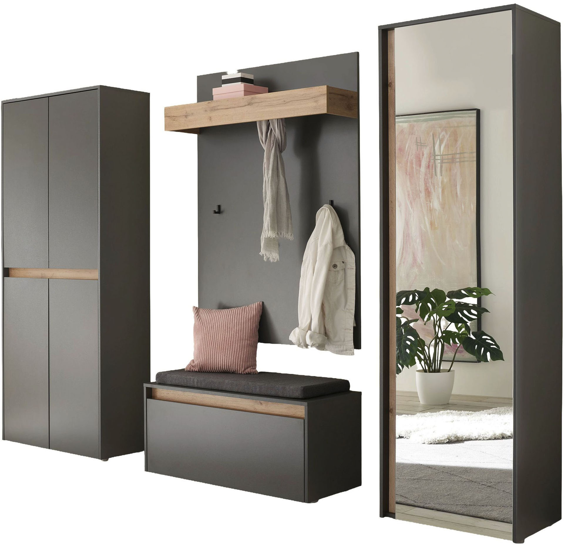 Garderoben-Set INOSIGN "City/Giron, moderne Garderobe, viel Stauraum, ca. 40 Schuhe", grau (anthrazit), B:255cm H:200cm T:35cm, Holzwerkstoff, Kastenmöbel-Sets, enthält Schrank mit Spiegel, Schuhschrank, Paneel &Bank inkl. Kissen