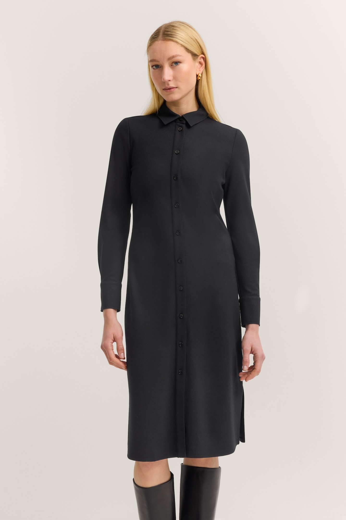 Blusenkleid BUGATTI "Jersey", Damen, Gr. 36, Normalgrößen, schwarz (290, schwarz), 73% Viskose, 24% Polyester, 3% Elasthan, unifarben, normal, Kleider Blusenkleid, mit Knopfleiste und Hemdkragen