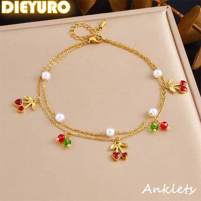 Doppelschichtige Fußkettchen aus Edelstahl 316, rote Kirsche, Perle, für Damen, neue Mode, wasserdichte Fußketten, Schmuck, Geschenk Image