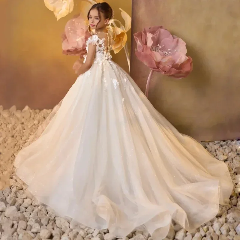 2025, Blumenmädchen-Hochzeitskleid für Mädchen, königliche Spitze, Prinzessinnenkleid, Geburtstag, Ball, bodenlang, lange Schleppe, Leistung Image