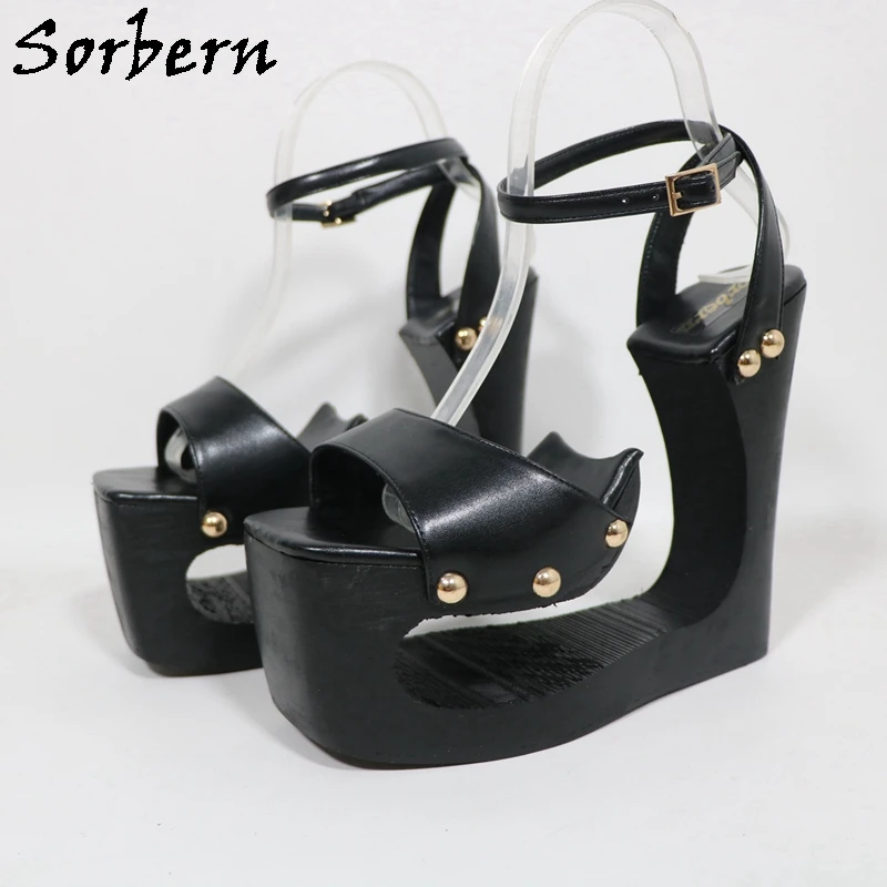 Sorbern Schwarz Aushöhlen Keil Frauen Sandalen Slingback Sommer Schuhe Keil High Heels Benutzerdefinierte Farben Gold Nieten