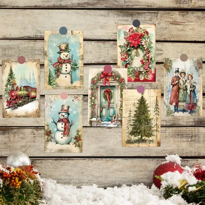 12 Stück Weihnachts-Wandkarten mit Aufklebern – Retro-Dekrokarten mit Schneemann, Weihnachtsmann für die Wanddekoration zu Hause, DIY-Kunsthandwerk  ,Party-Einladung Image