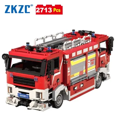 MOC Technische doppelköpfige feuerwehrauto Modell Bausteine Stadt Europäischen stil tunnel Rettungs Auto Ziegel Spielzeug für Kinder Geschenk Image