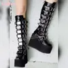 Metall Schnalle Riemen Plattform Stiefel Kniehohe Echtes Leder Solid Black Runde Kappe Keile Punk Mode Sexy Frauen Schuhe Neueste