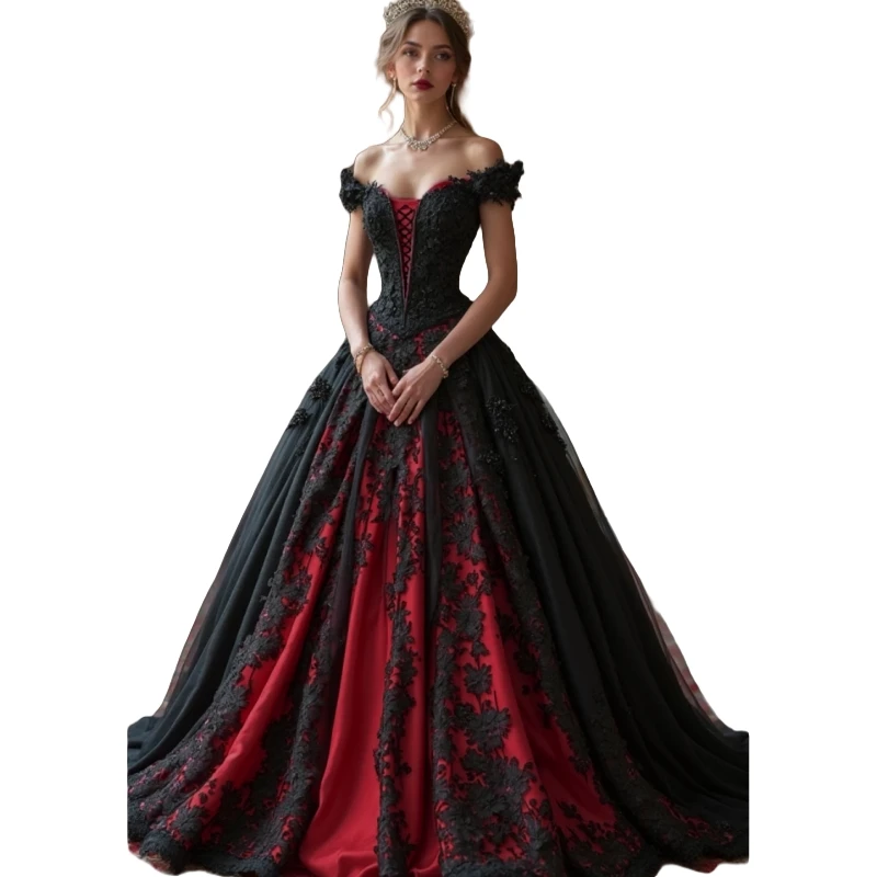 Korsett Prinzessin Vintage Schwarz und Rot Abendkleid Spitzenapplikationen Schulterfrei A-Linie Renaissance Mittelalter Abendkleid Maßgeschneidert