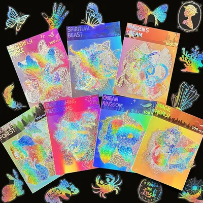 100 Stück niedliche Cartoon-Anime-Laser-holografische Aufkleber, ästhetische Schmetterlings-Aufkleber, Sammelalbum, Laptop, Telefon, Auto, lustige Aufkleber für Mädchen Image