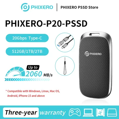 PHIXERO 2TB 1TB 512GB External SSD Hard Drive USB 3.2 GEN 2 Mini PSSD 2060MB/s Portable SSD 20Gbps for Laptops Desktop PS4 PS5