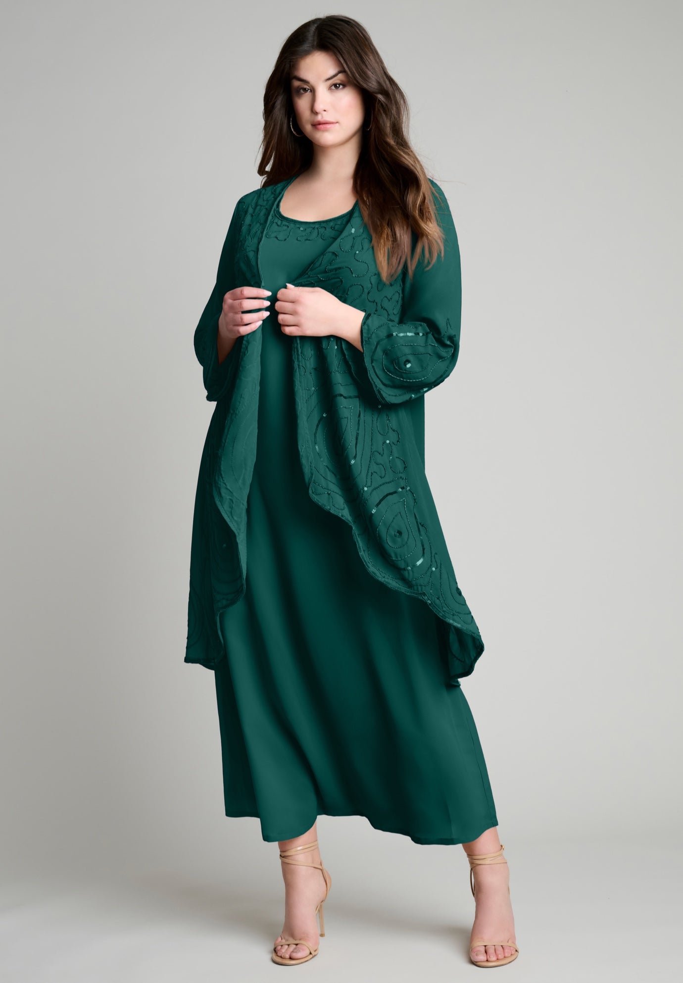 Plus Size Women's Plus-Size 2 piece Long Sleeve Beaded Georgette Gown Set with Detachable Jacket by Roaman's in Emerald Green (Size 16 W)