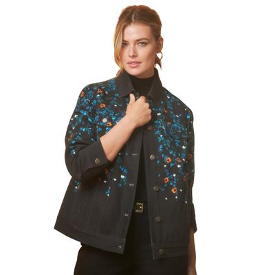 Plus Size Women's Classic Cotton Denim Jacket by Jessica London in Teal Falling Leaves (Size 12) 100% Cotton Jean Jacket