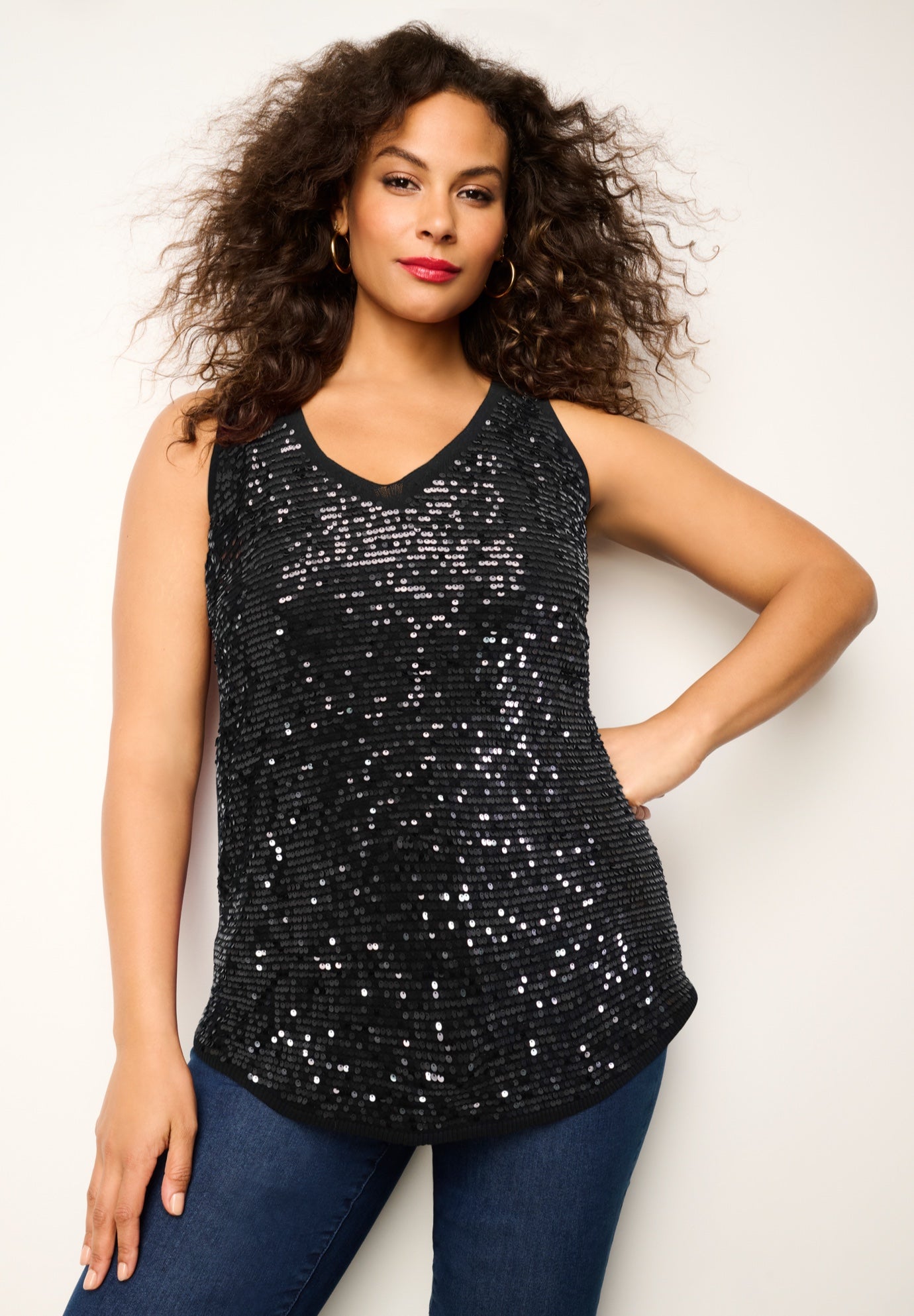 Plus Size Women's Sequin-Embellished Tank Top by Roaman's in Black (Size M)