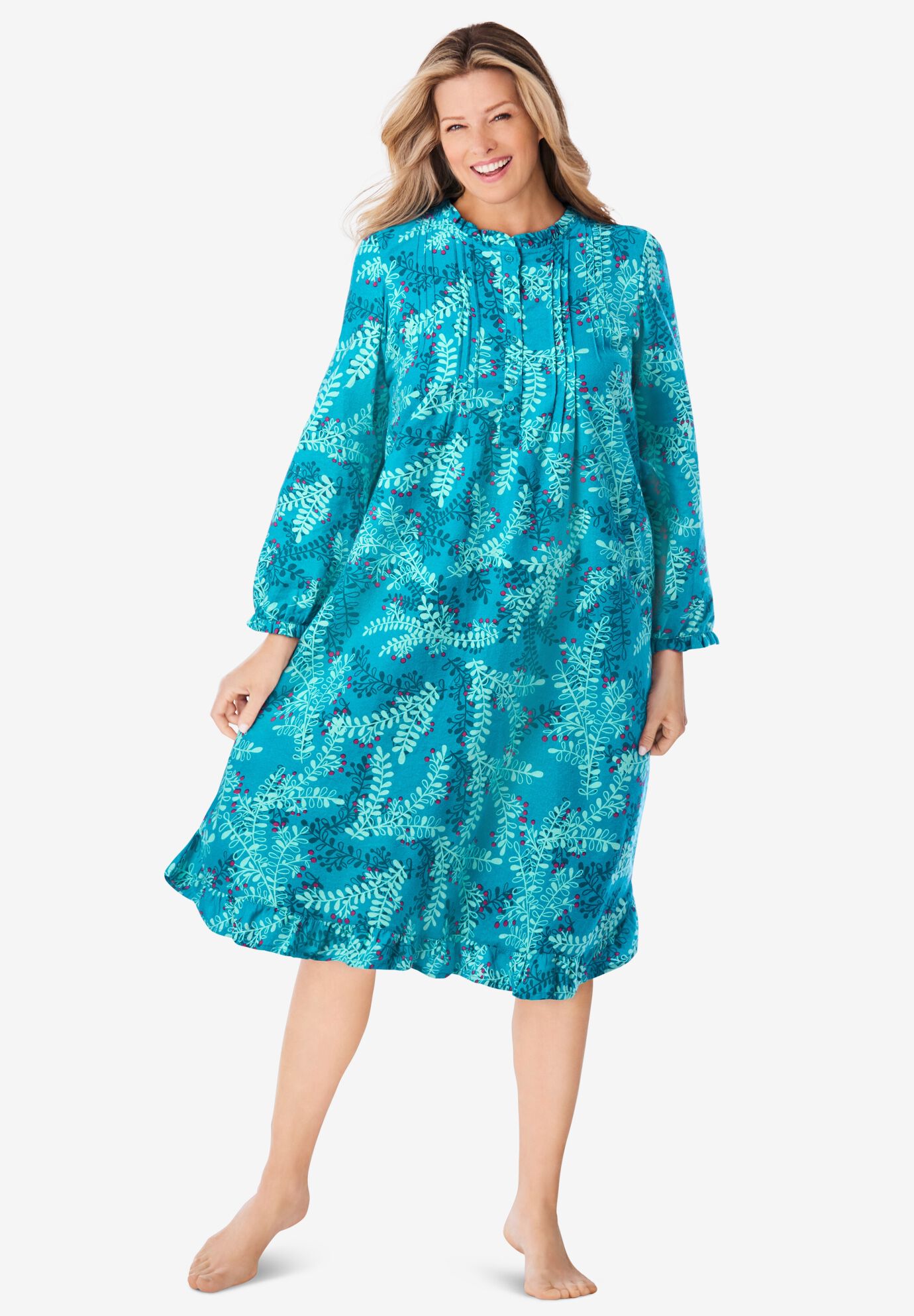 Plus Size Women's Cotton Flannel Print Short Gown by Only Necessities in Dark Turq Holiday Holly (Size 5X) Pajamas