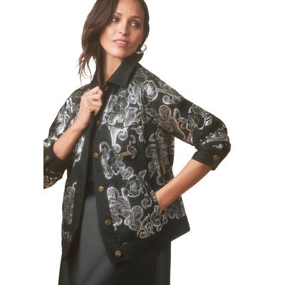 Plus Size Women's Classic Cotton Denim Jacket by Jessica London in Black Silver Rose Scroll (Size 26) 100% Cotton Jean Jacket