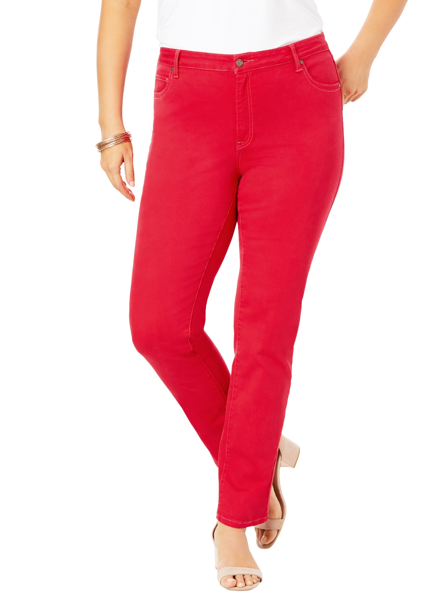 Plus Size Women's Plus Size Classic Stretch Straight Leg Jean by Denim 24/7 by Roamans in Vivid Red (Size 34 T)