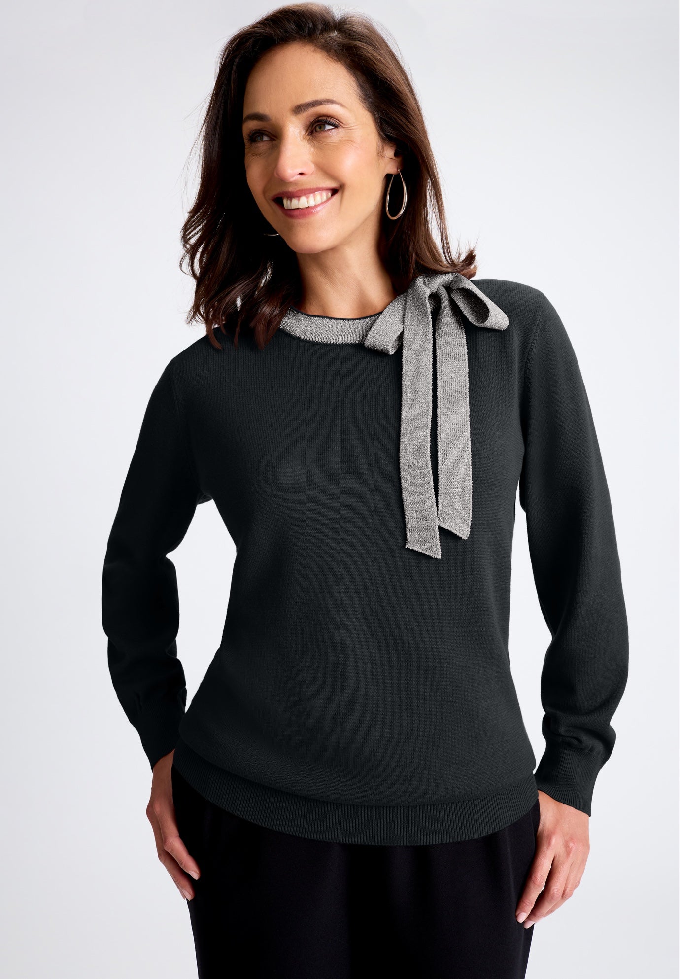 Plus Size Women's Tie-Neck Sweater by Jessica London in Black Silver (Size 14/16)