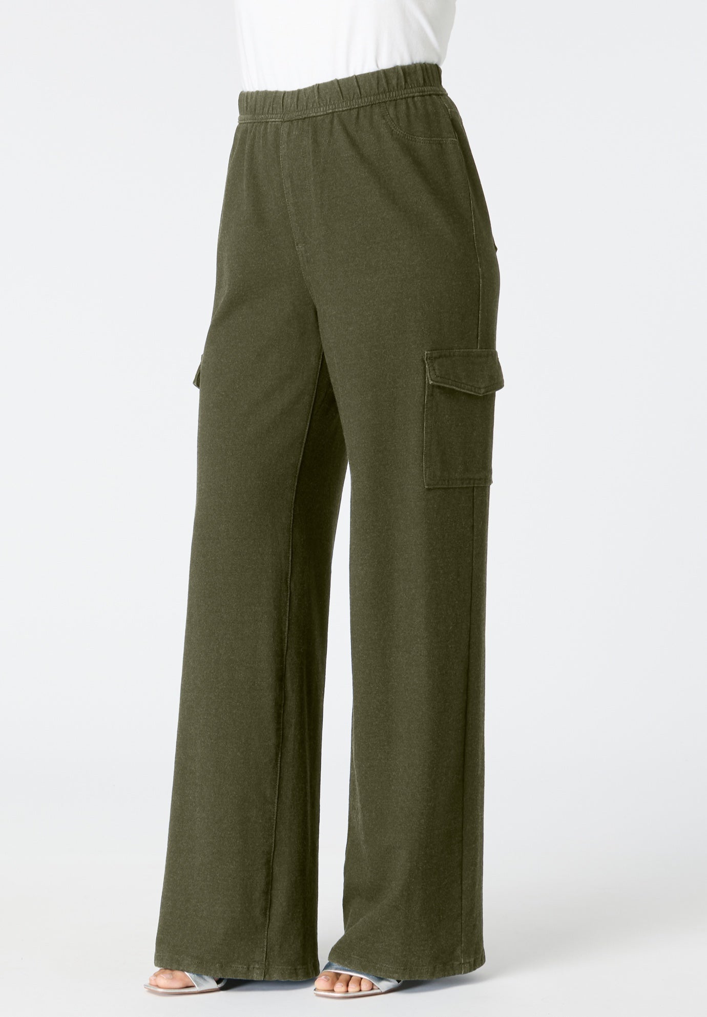 Plus Size Women's Wide Leg Cargo Knit Jean by Roaman's in Dark Olive Green (Size 14/16)