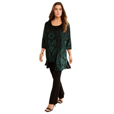 Plus Size Women's Velvet Burnout Cardigan Twinset by Roamans in Emerald Medallion (Size 26/28)